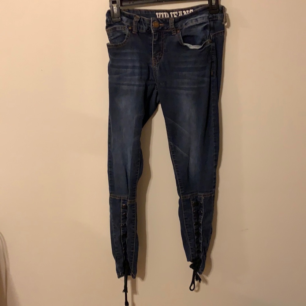 blue jeans with straps at bottom!!